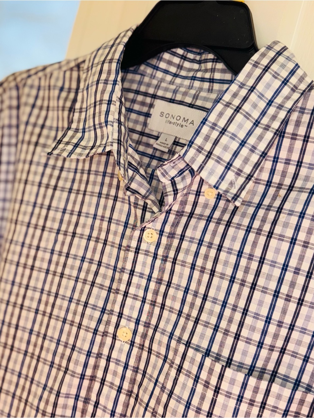 Sonoma Men's Large Cotton Plaid Button Down Shirt L Blue Long Sleeve NWOT